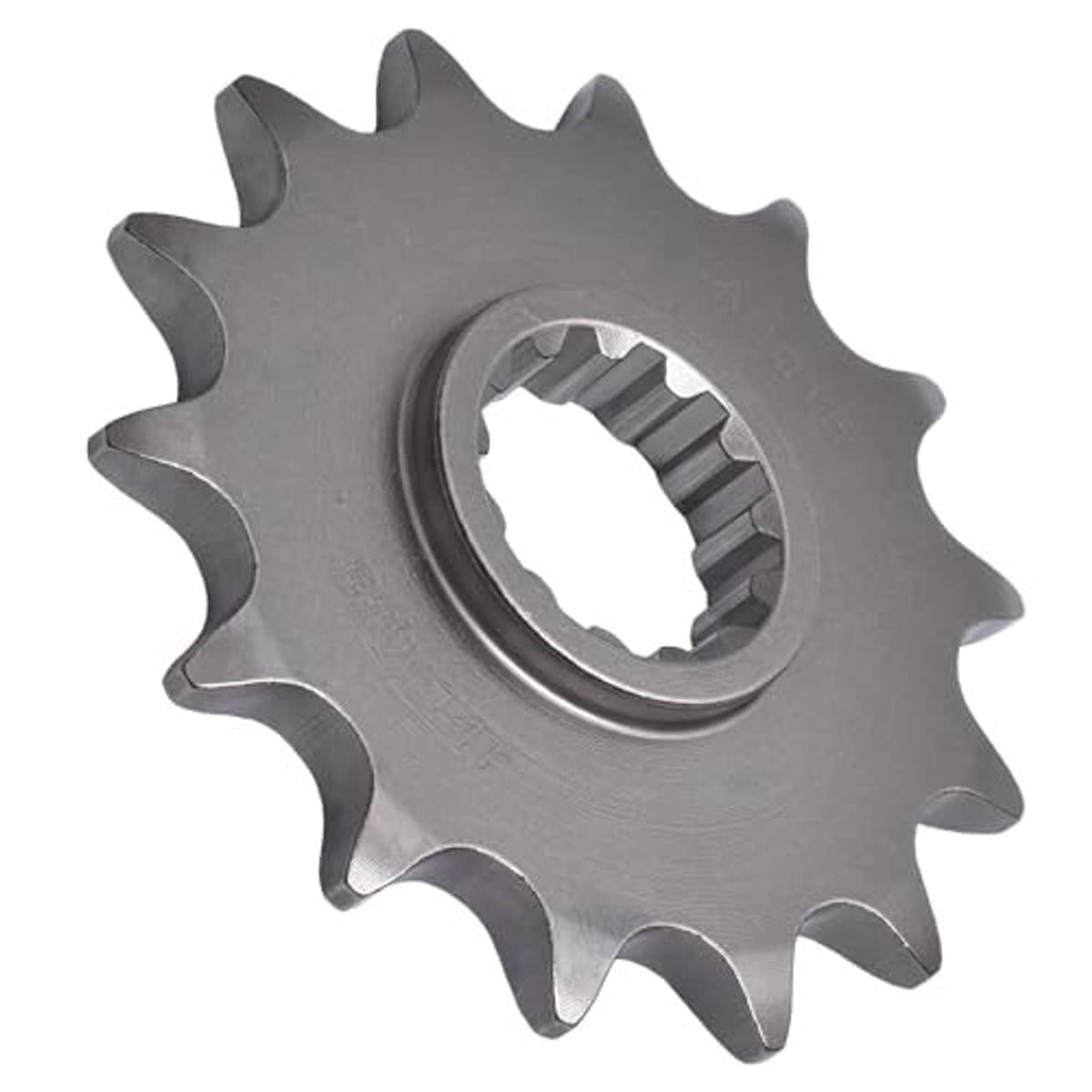 Metal front motorcycle sprocket with center splined hole and sharp gear teeth, angled