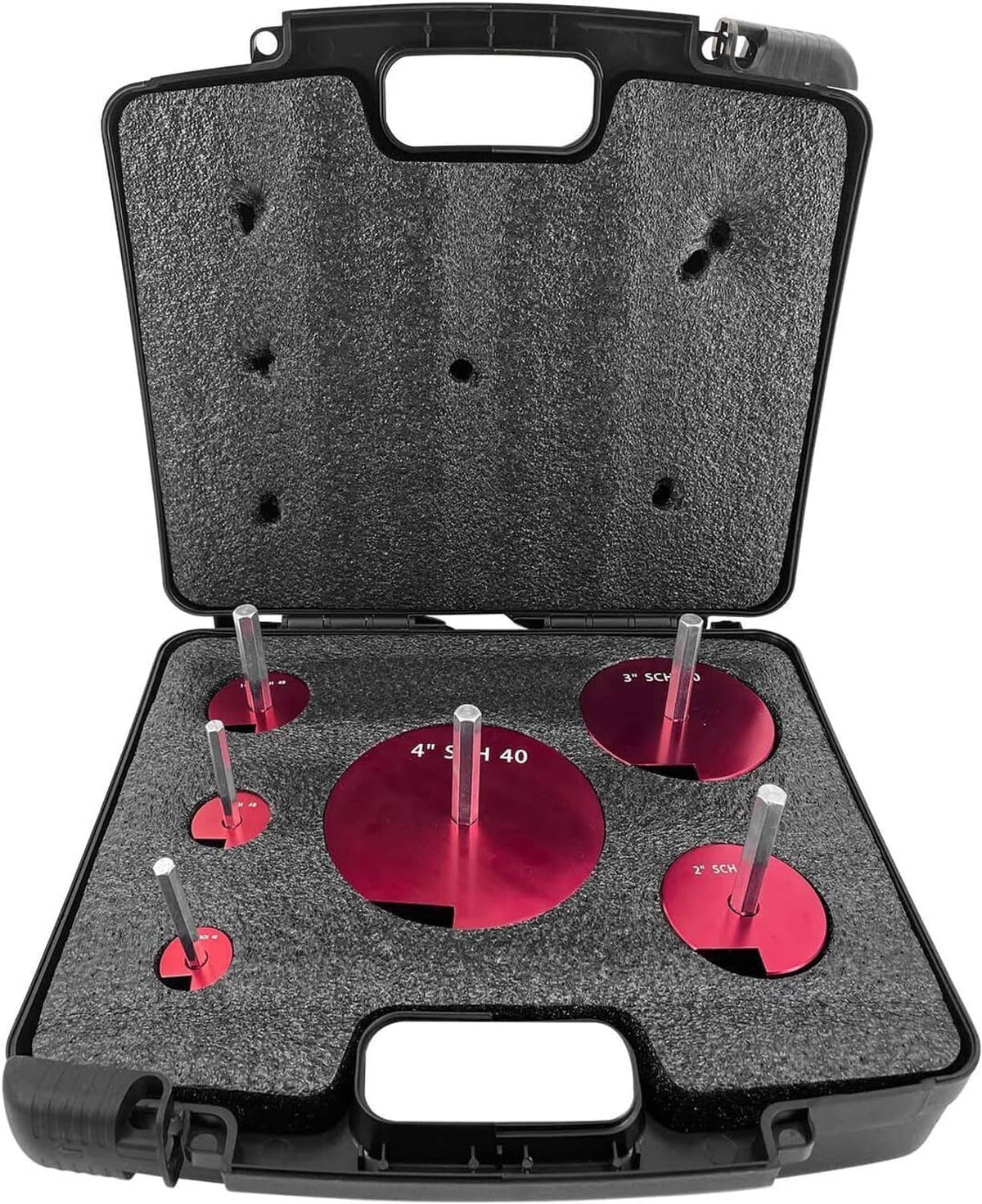 Plastic pipe fitting reamer kit with black case and red hole-cleaning tools