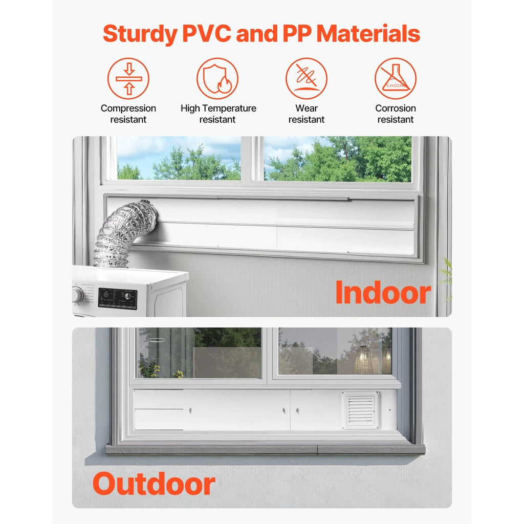 Dryer vent window kit made of sturdy PVC and PP with louvered vent opening