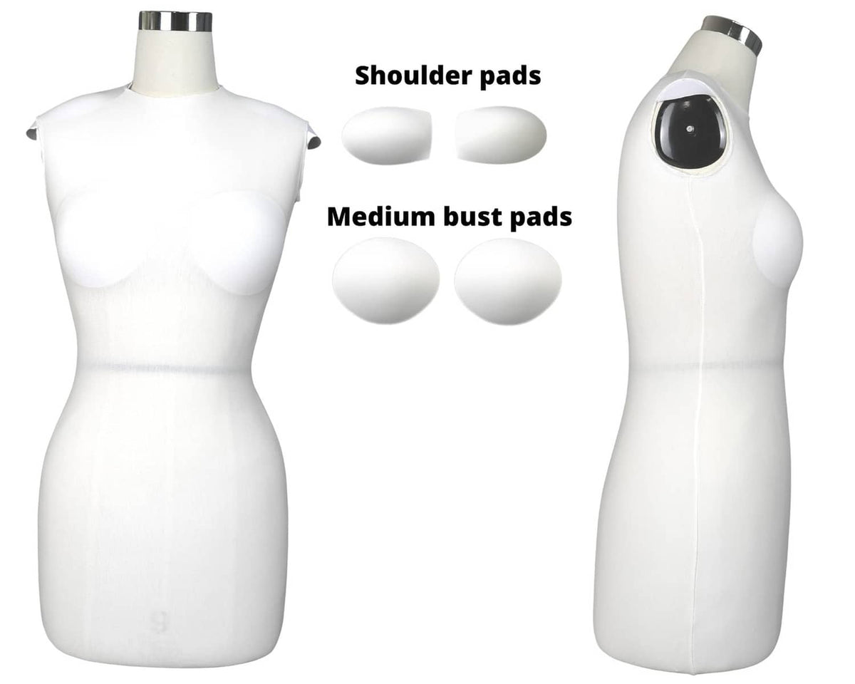 White dress form with shoulder pads and medium bust pads, front and side view