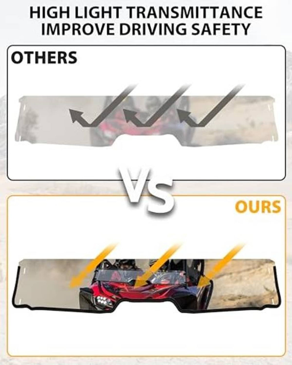 Clear front windshield panel with wavy lower edge and mounting holes