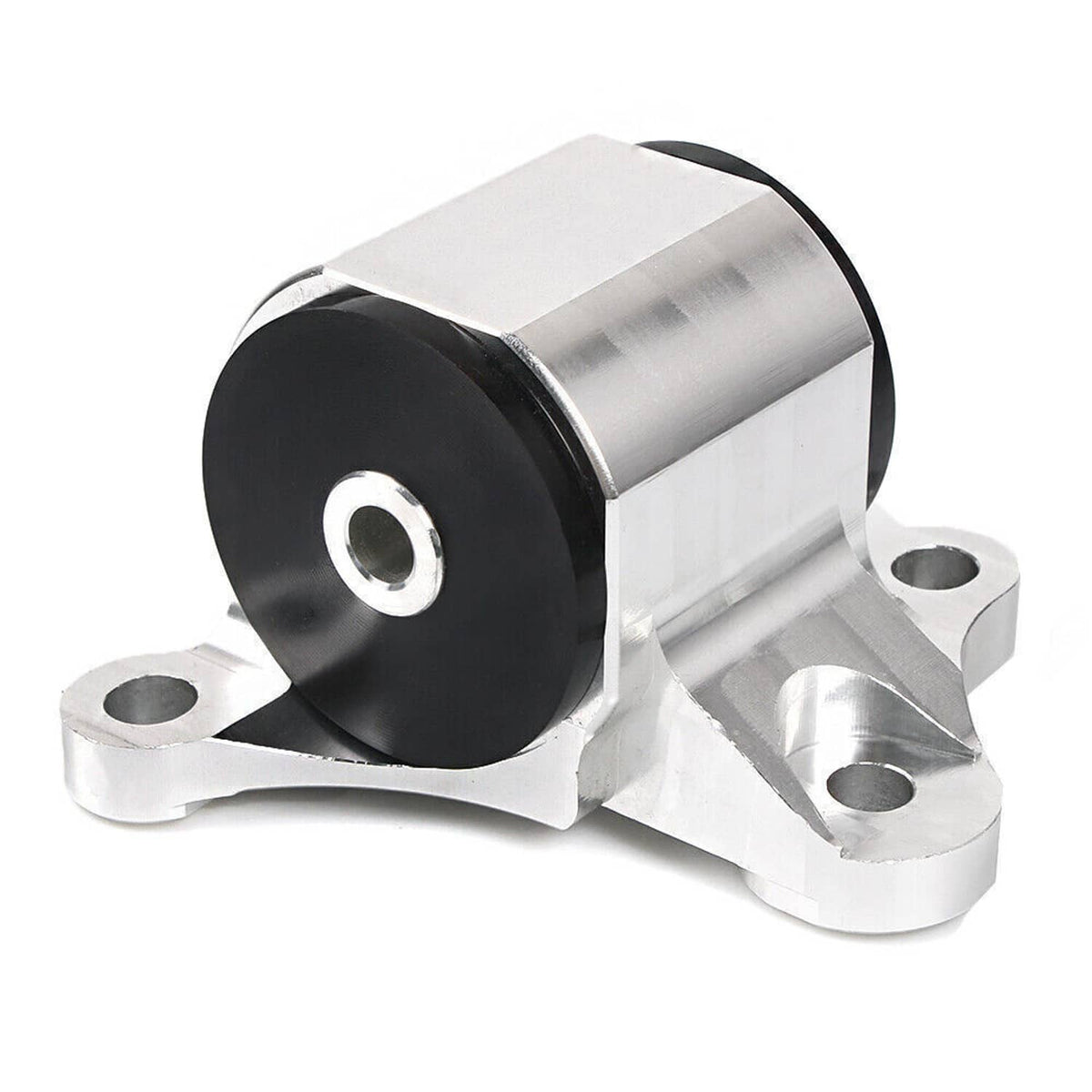 Engine motor mount with black bushing and silver frame, side close-up