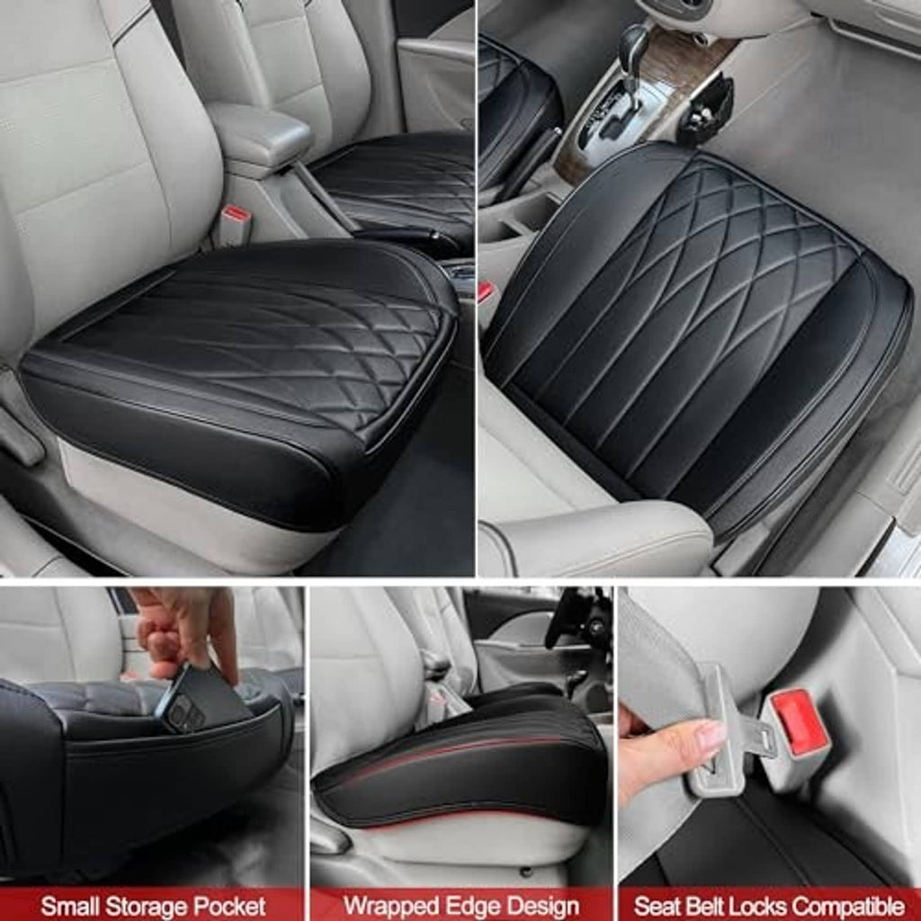 Black quilted leather-look seat bottom covers with storage pocket and wrapped edge design