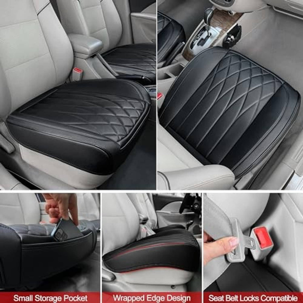 Black quilted leather-look seat bottom covers with storage pocket and wrapped edge design