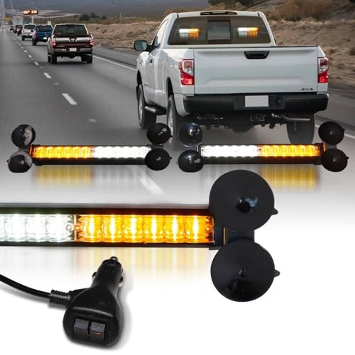 LED emergency strobe light bar with amber light strips and black mounting brackets
