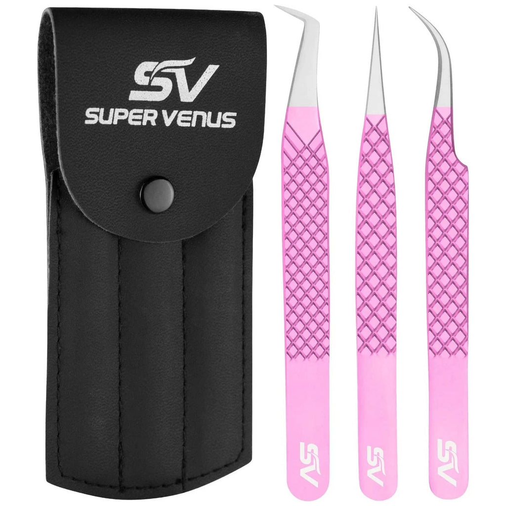 Black SV Super Venus case with three pink eyelash tweezers