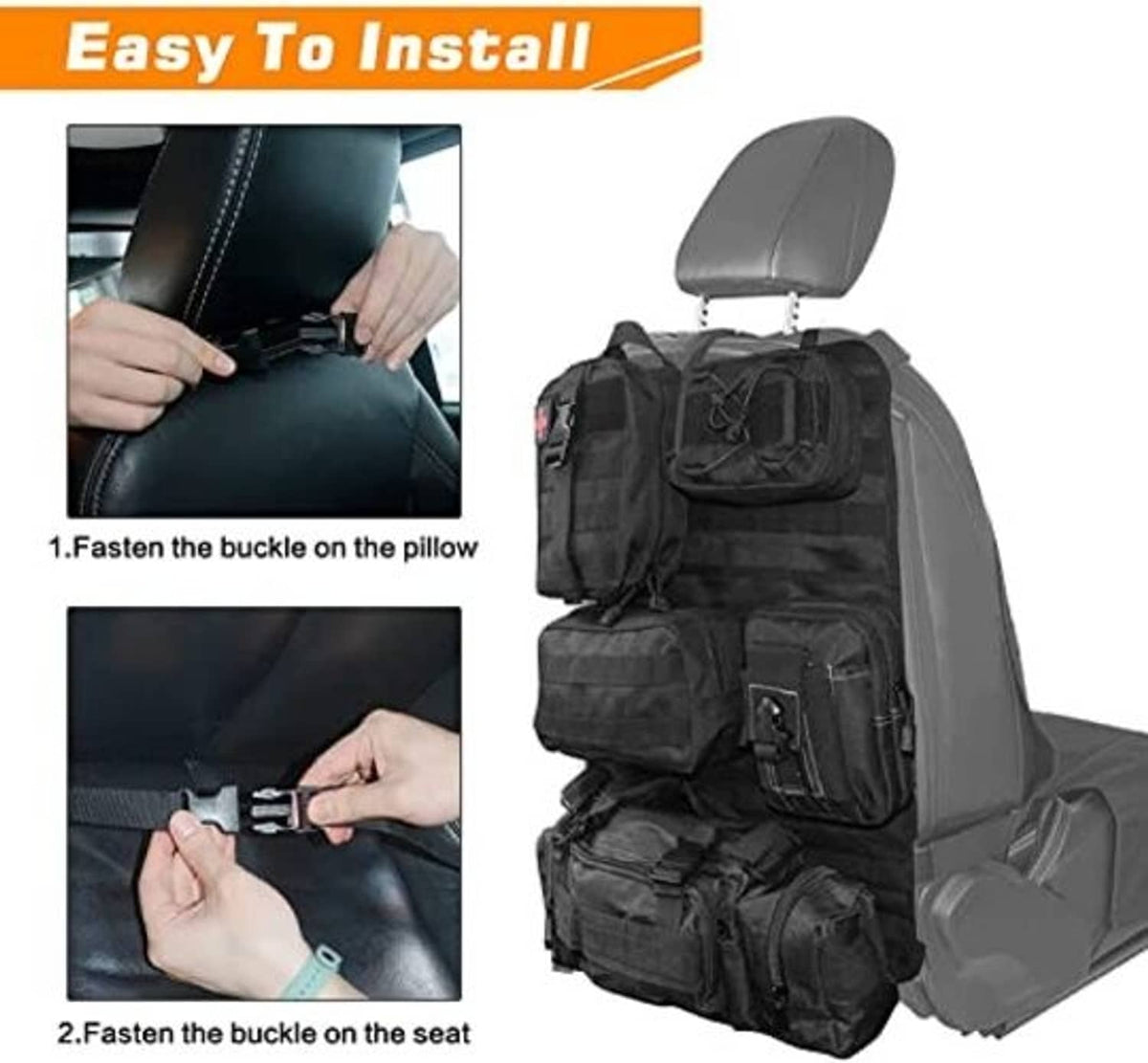 Black tactical seat back storage bag with buckle straps and multiple front pouches