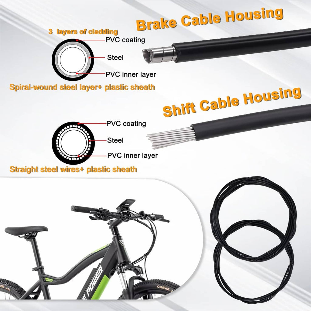 Bike brake cable housing with two loops of black cable and metal ends