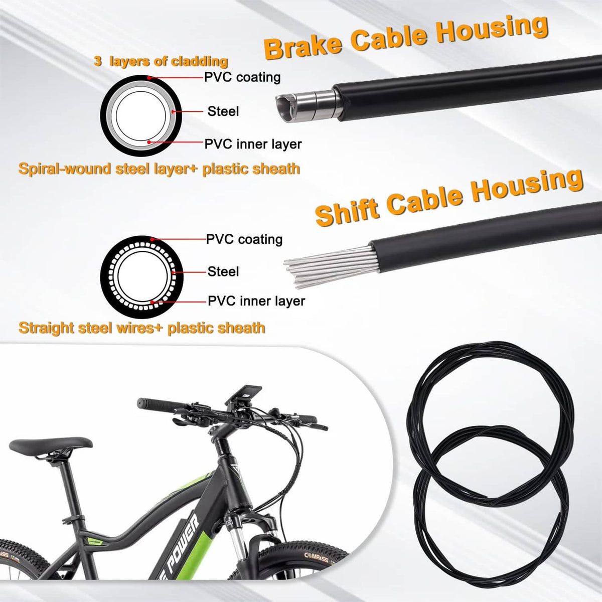 Bike brake cable housing with two loops of black cable and metal ends