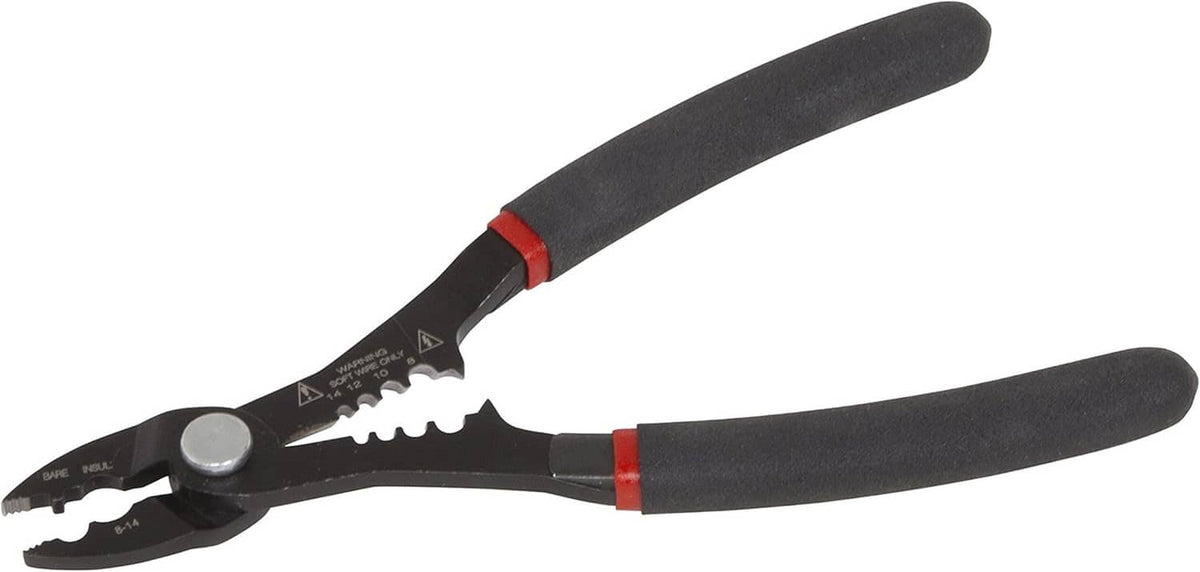 Wire stripping tool pliers with insulated red grips and serrated stripping jaws
