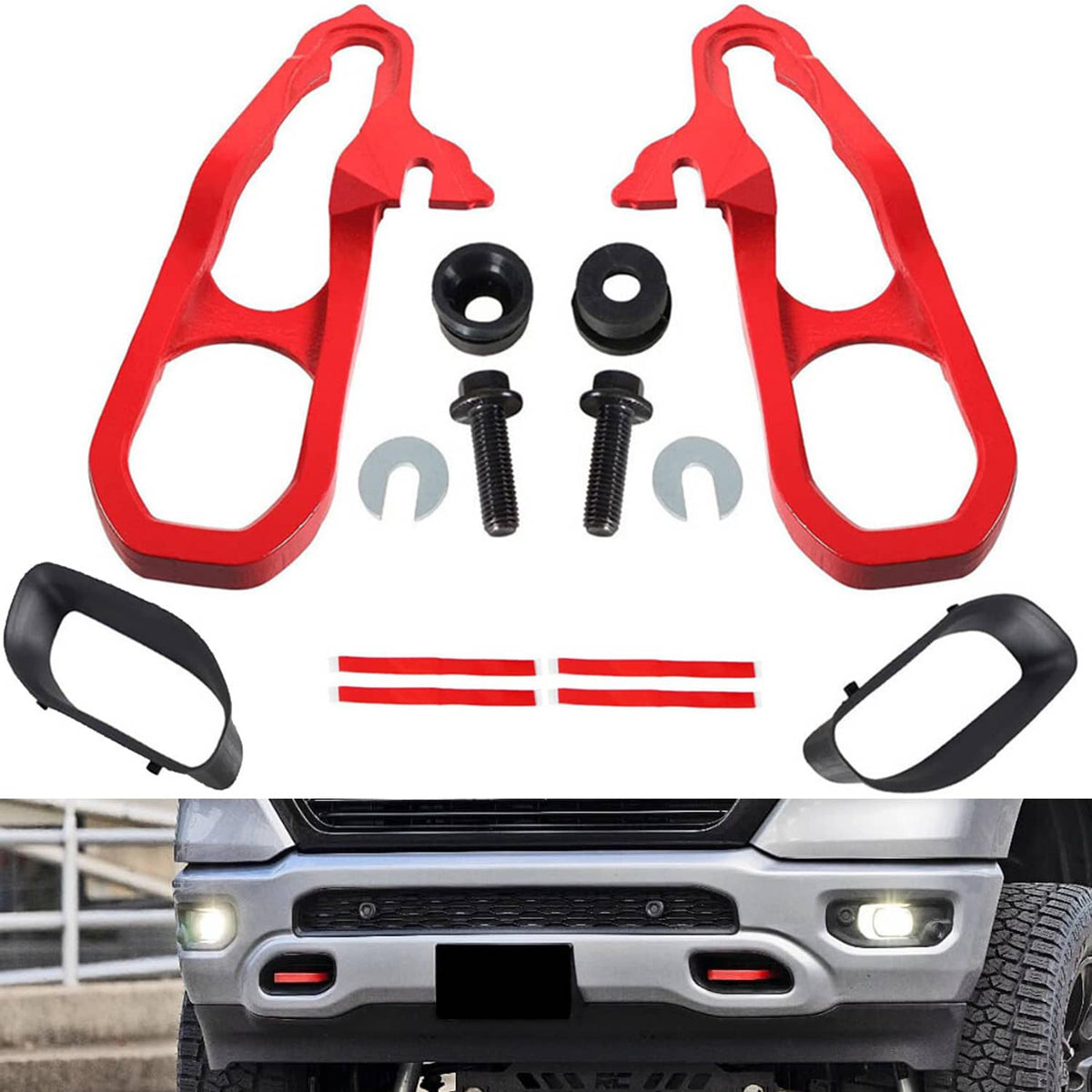 Red front tow hook pair with black brackets and mounting screws