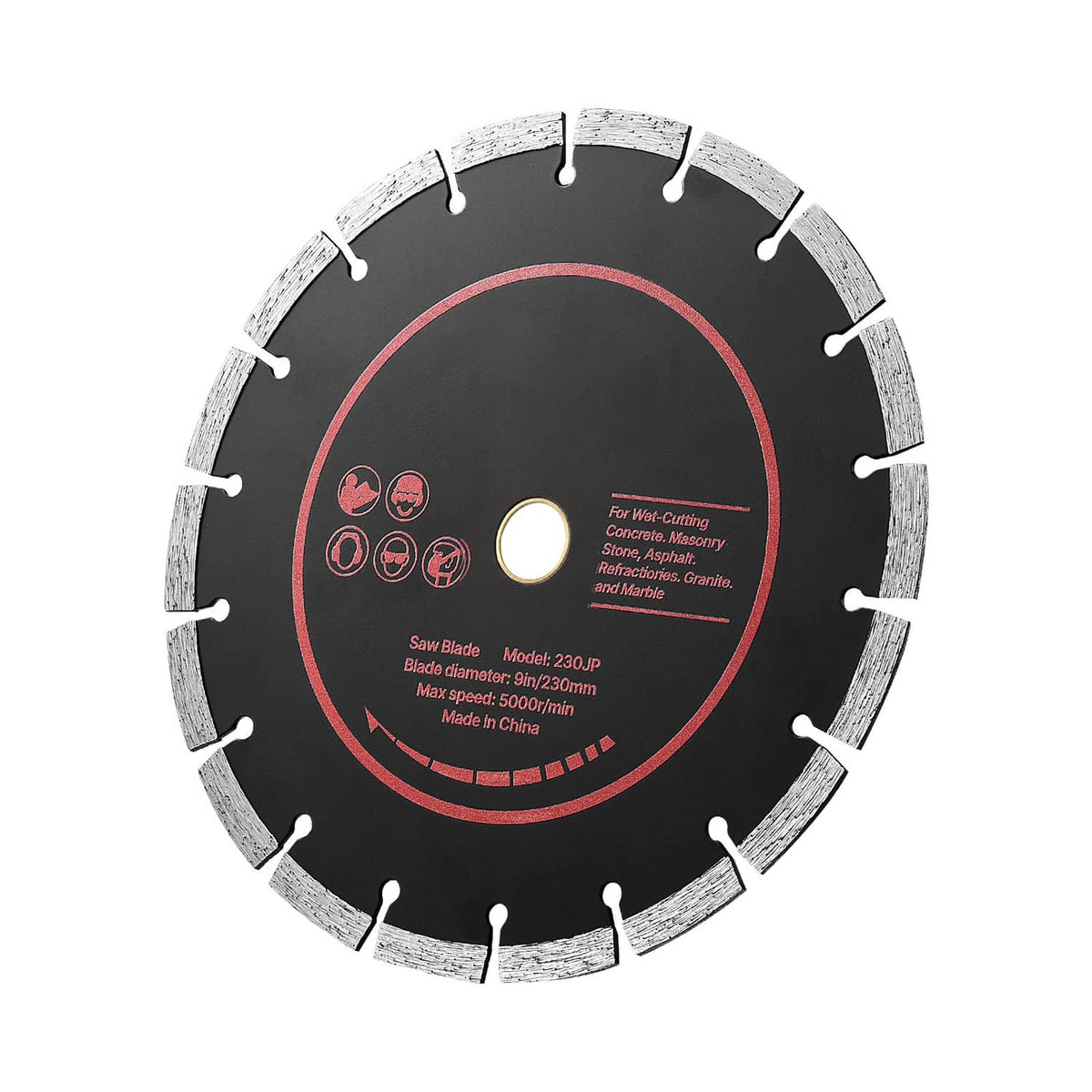 Diamond saw blade with segmented rim, dark face, red ring graphic, center arbor hole