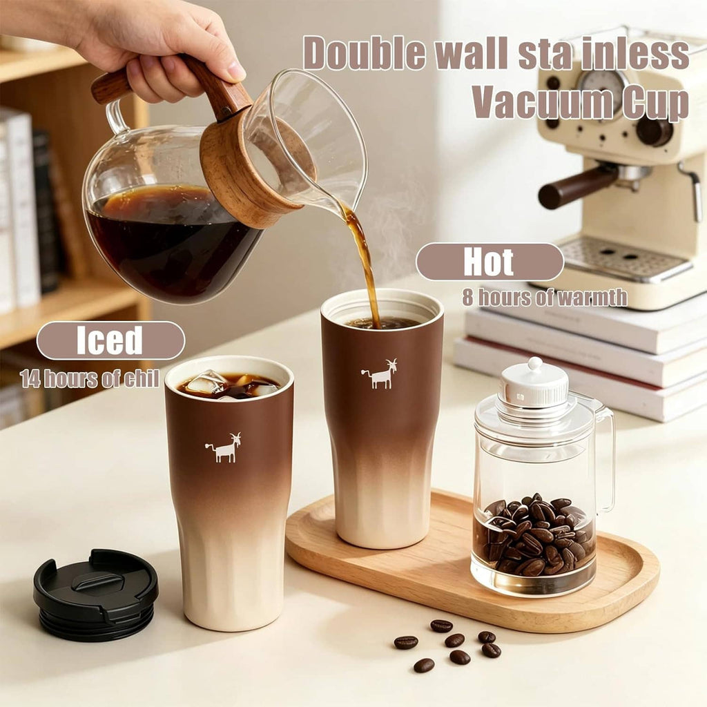 Insulated coffee cup with straw lid, two-tone brown and cream, being filled.