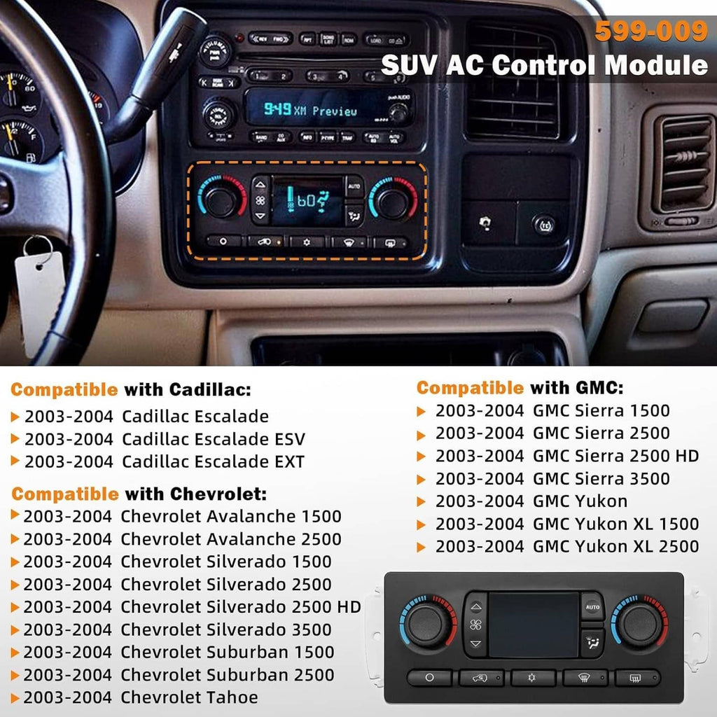 AC heater climate control module 599-009 with two knobs, buttons, and digital screen