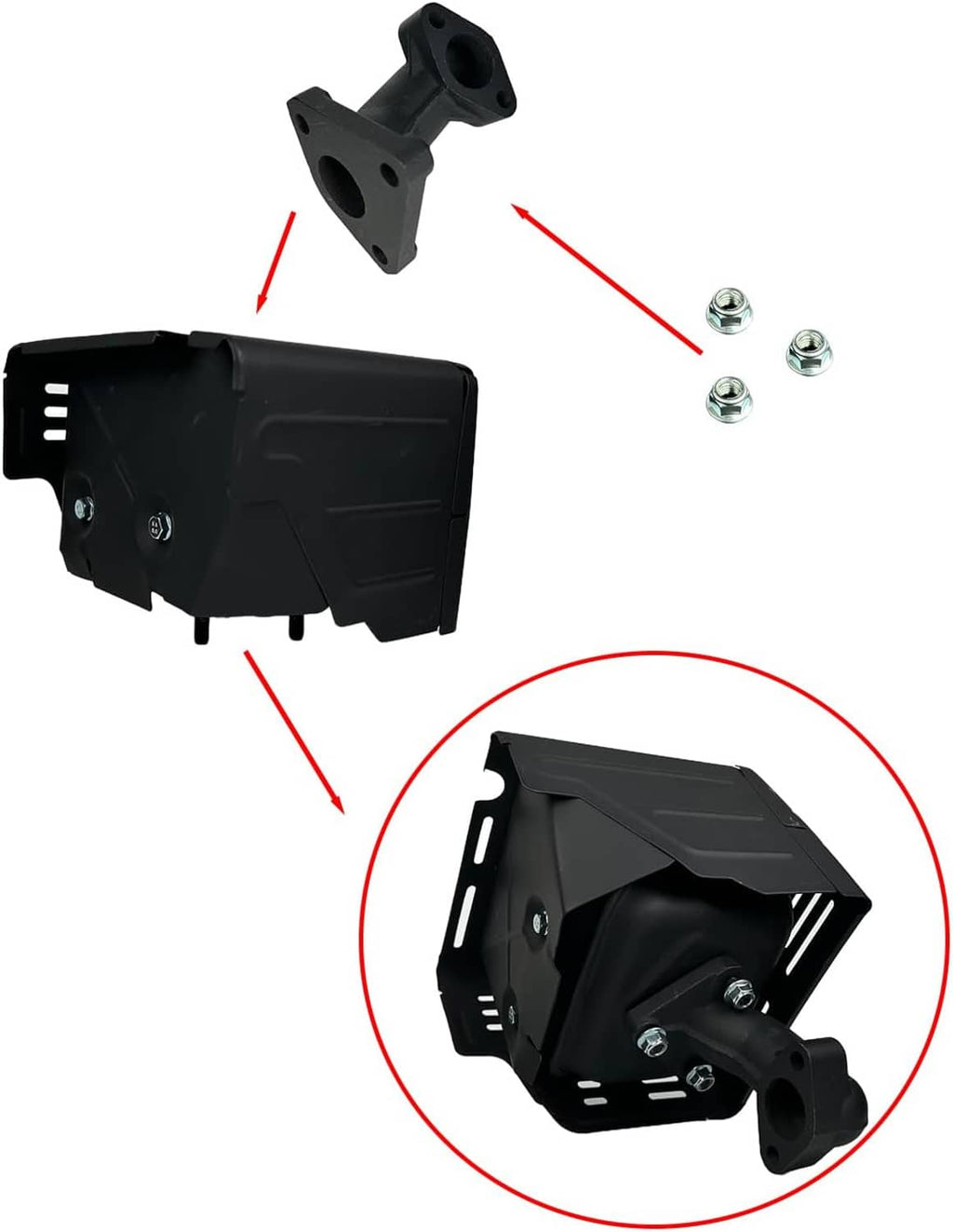 Black muffler silencer assembly with exhaust manifold pipe and mounting screws
