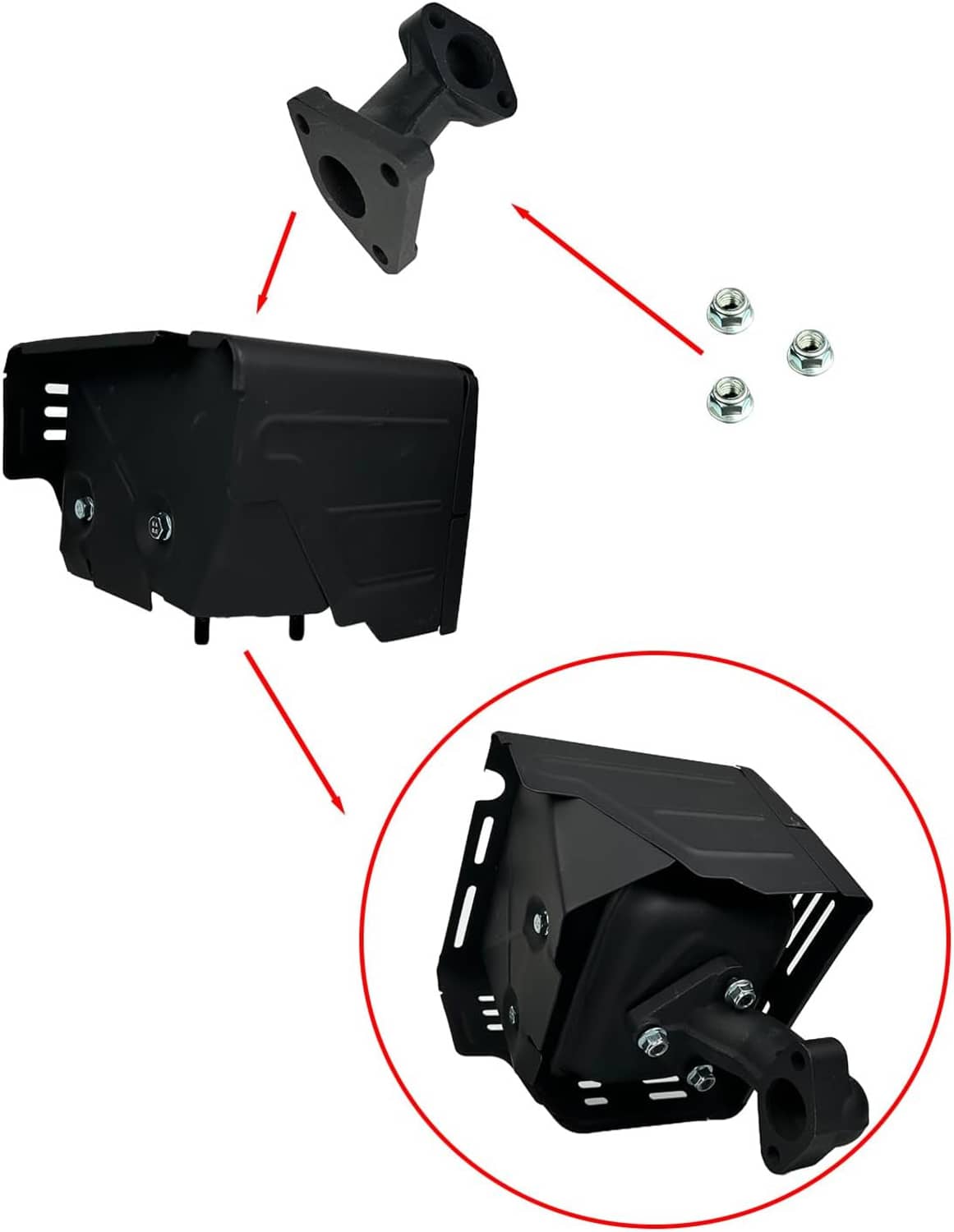 Black muffler silencer assembly with exhaust manifold pipe and mounting screws