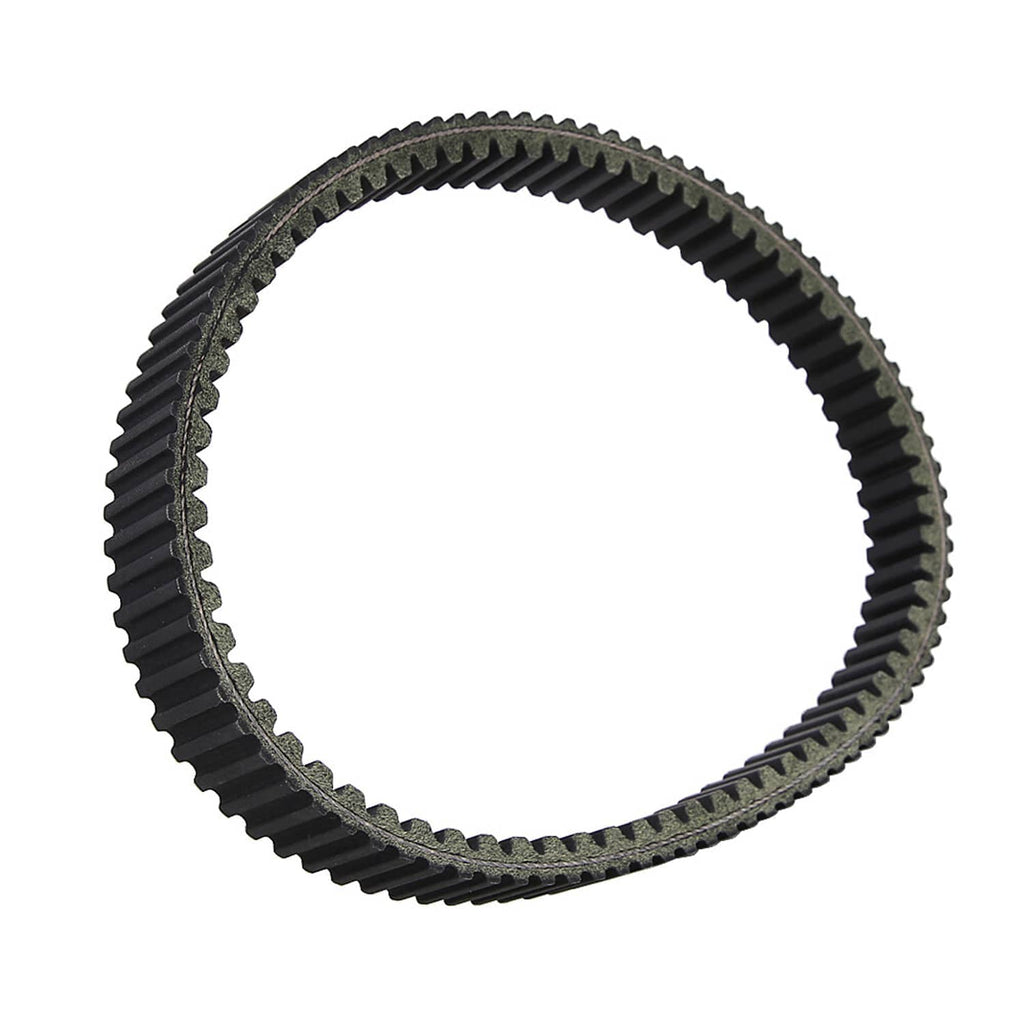 Drive belt with black ribbed teeth and rough textured inner rim detail