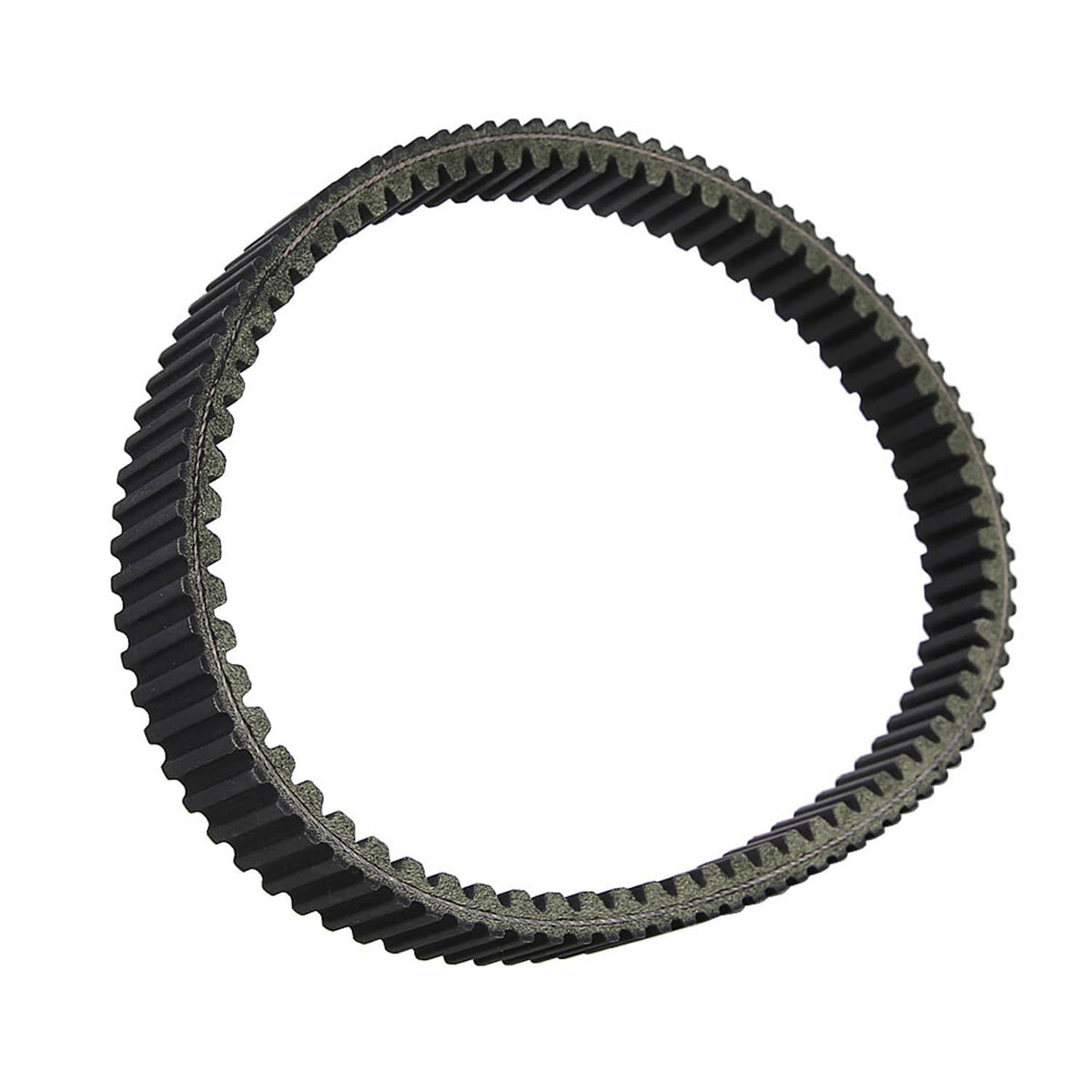 Drive belt with black ribbed teeth and rough textured inner rim detail