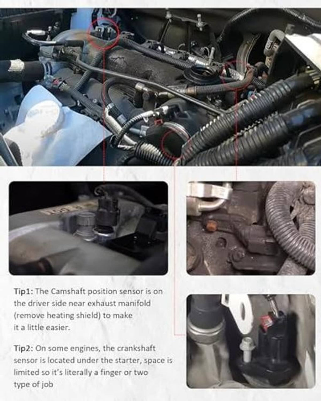 Engine bay showing camshaft and crankshaft sensor connectors and wiring harness