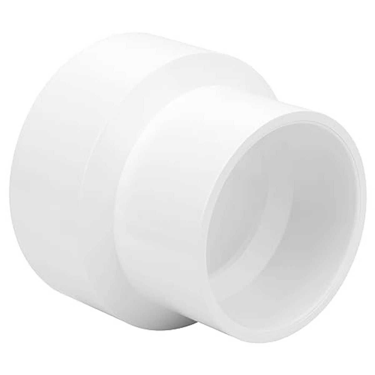 White PVC DWV adapter reducer coupling with socket-to-socket ends, angled view