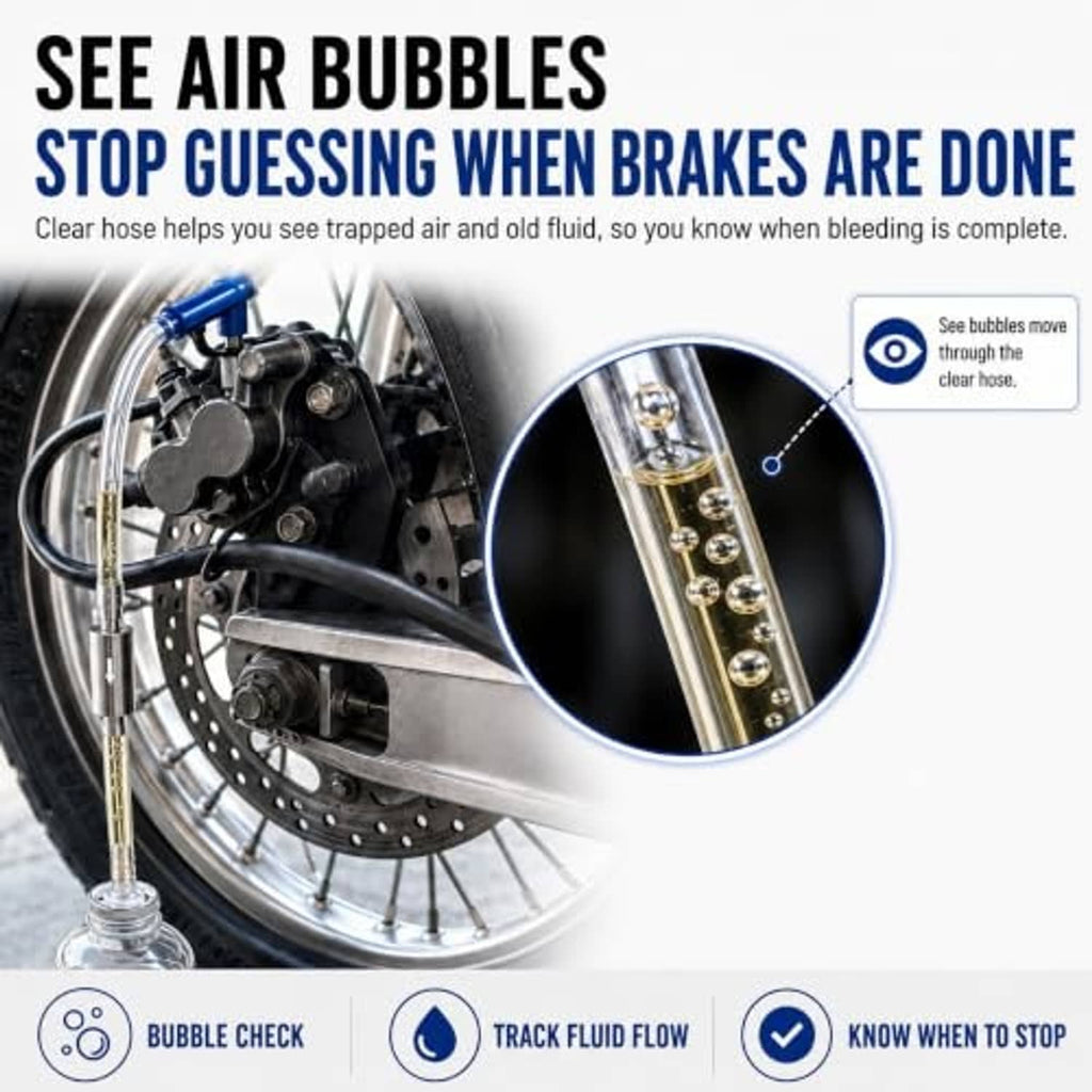 Brake bleeder clear hose with blue connector showing air bubbles for complete fluid bleeding