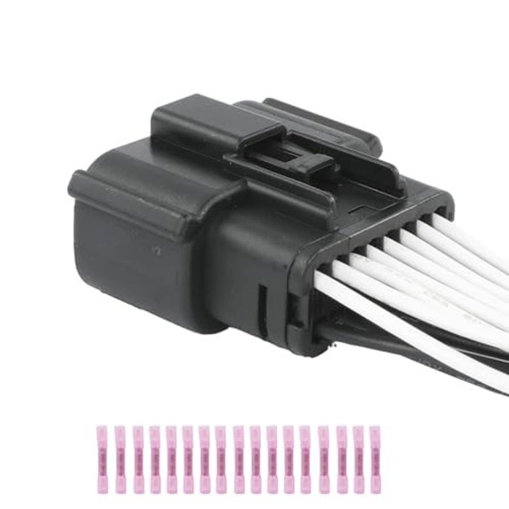 Headlight wiring connector plug with black housing and white wire leads, side view