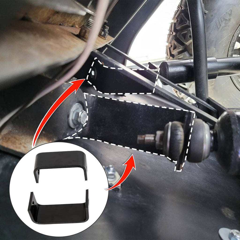 Lift block bracket installed on golf cart suspension with bolts and washers