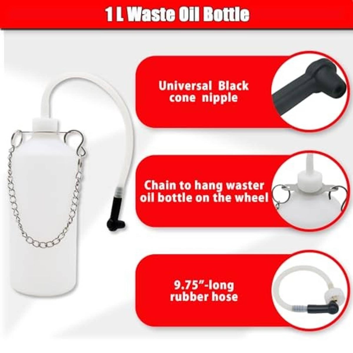 1L waste oil bottle with universal black cone niple and long rubber hose