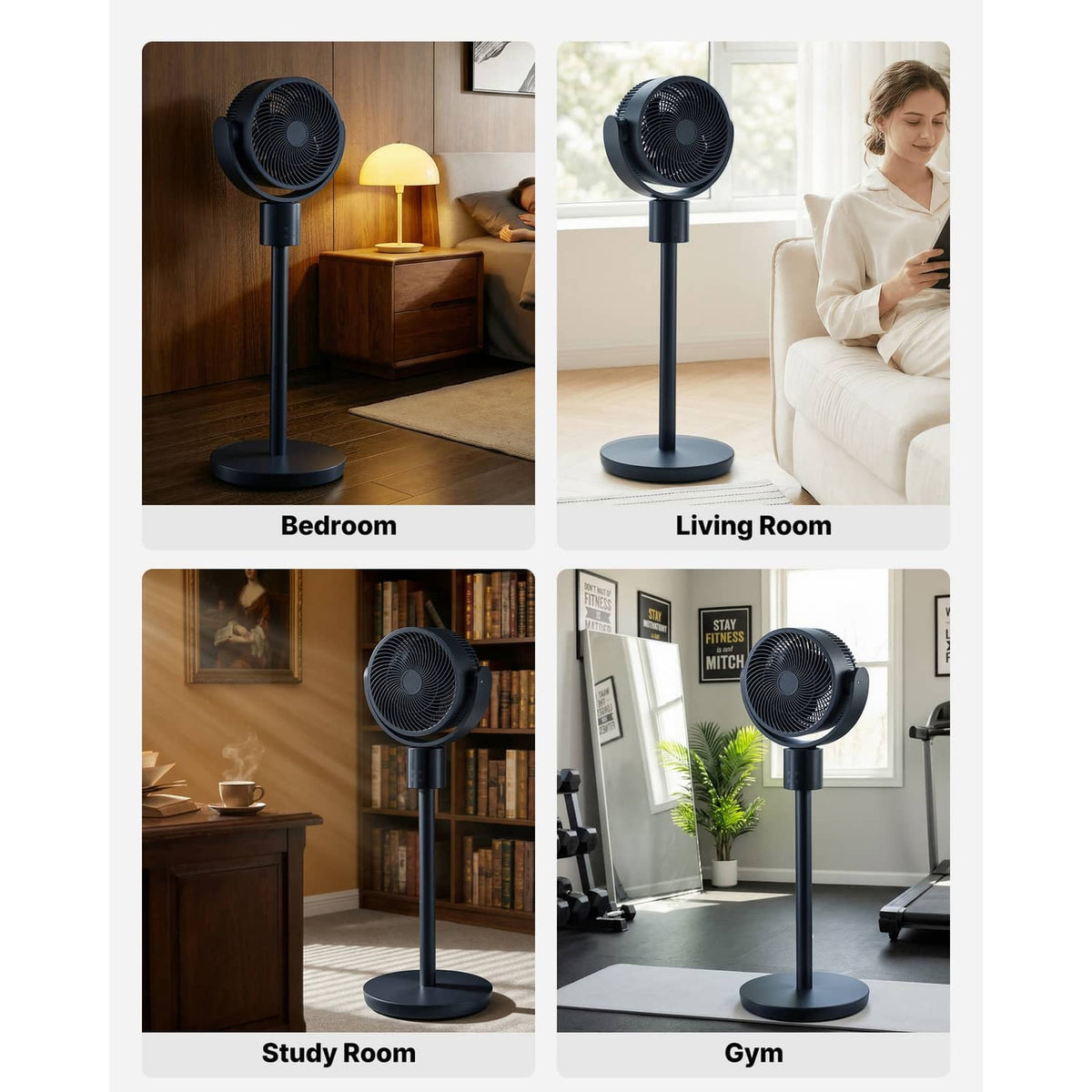 Pedestal fan on stand base displayed in multiple indoor room settings