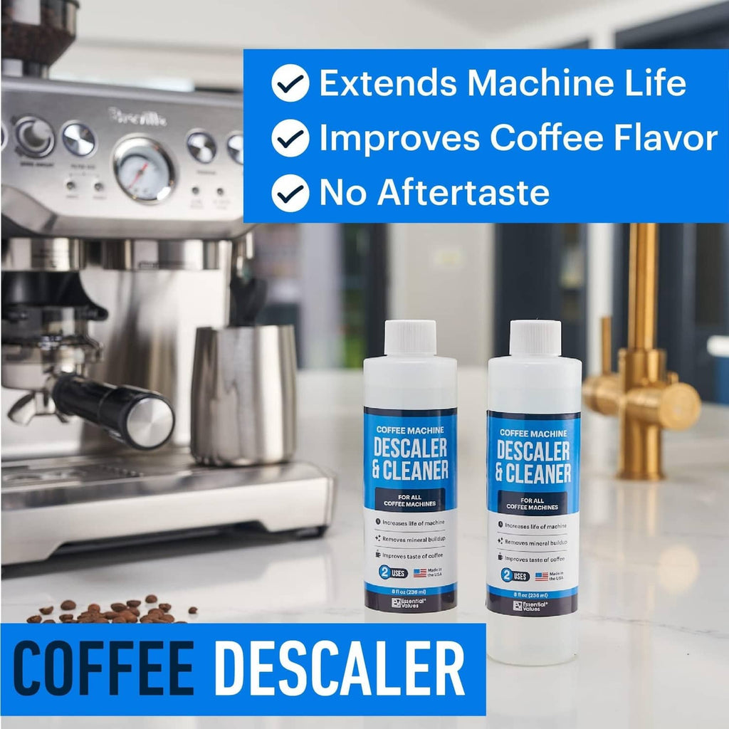 Two coffee machine descaler bottles on a kitchen counter, blue label