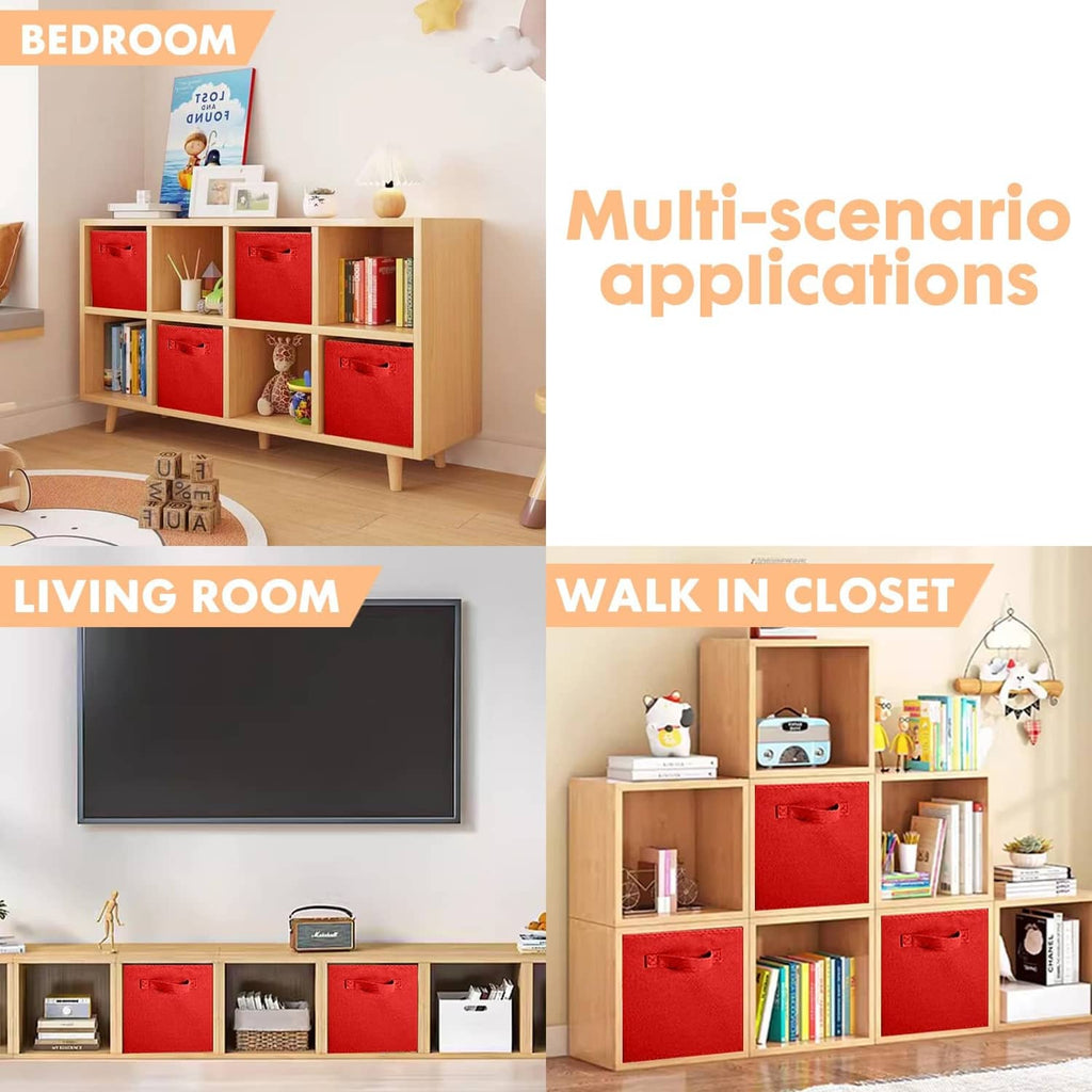 Red fabric storage cube bins for multi-room storage, shown in a shelving layout
