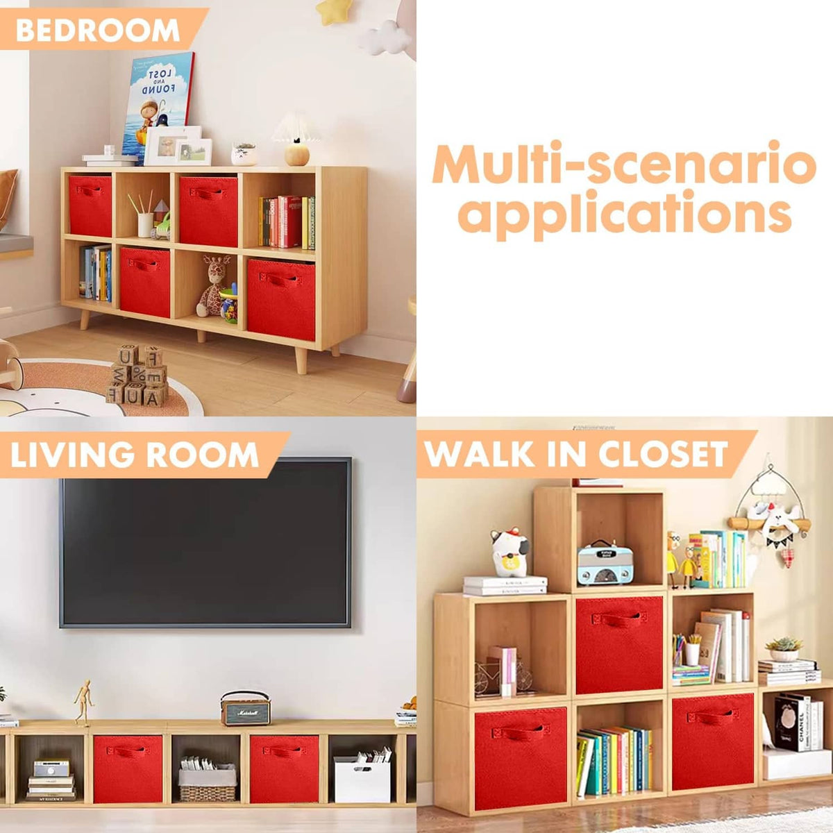 Red fabric storage cube bins for multi-room storage, shown in a shelving layout