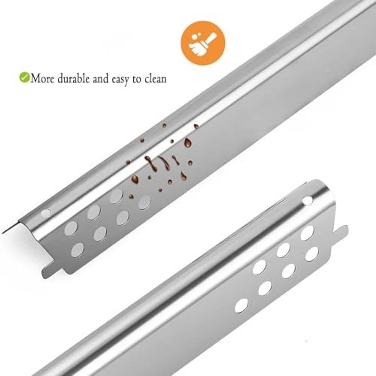 Durable stainless steel heat plate with rows of perforation and side mounting brackets.
