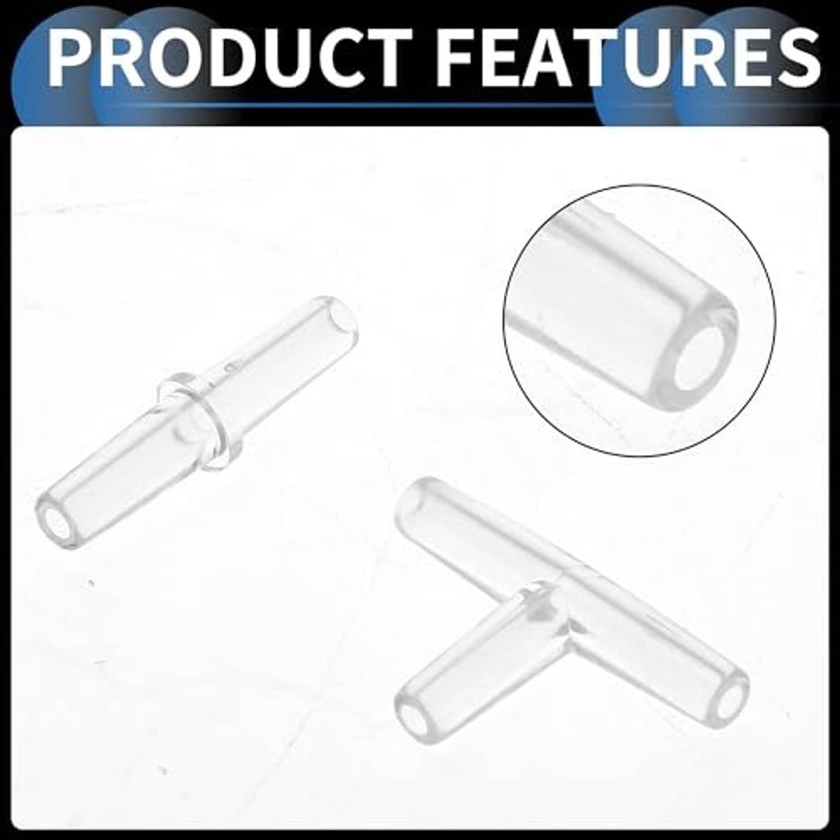 Clear 3-way T-shaped hose barb connector fitting, product feature close-up