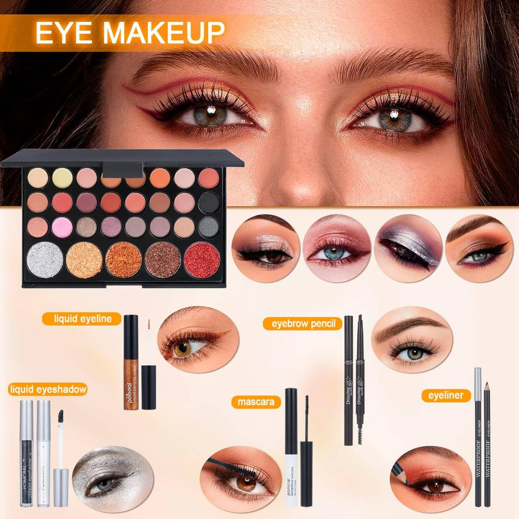 Eye makeup set featuring eyeshadow palette, liquid eyeliner, mascara, and eyebrow pencil