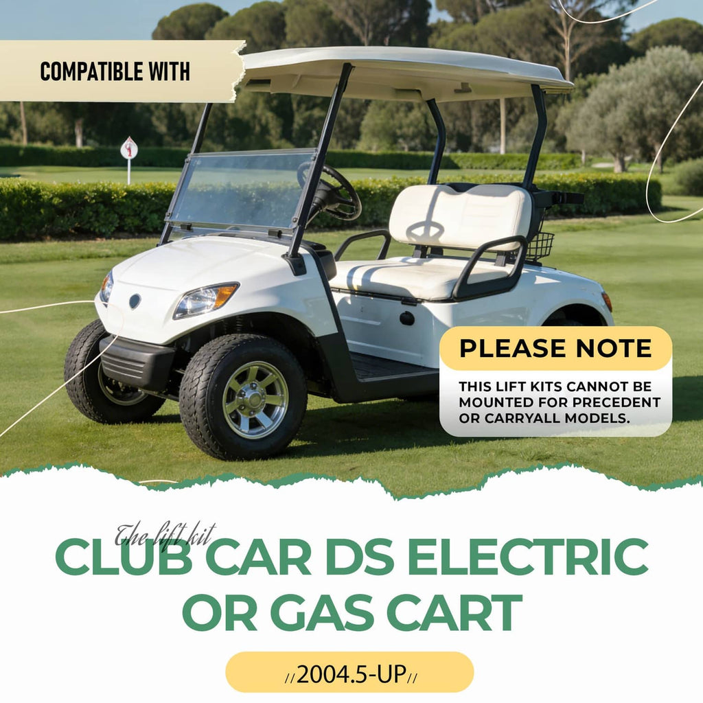 Club golf cart with installed A-arm lift kit showing front suspension assembly