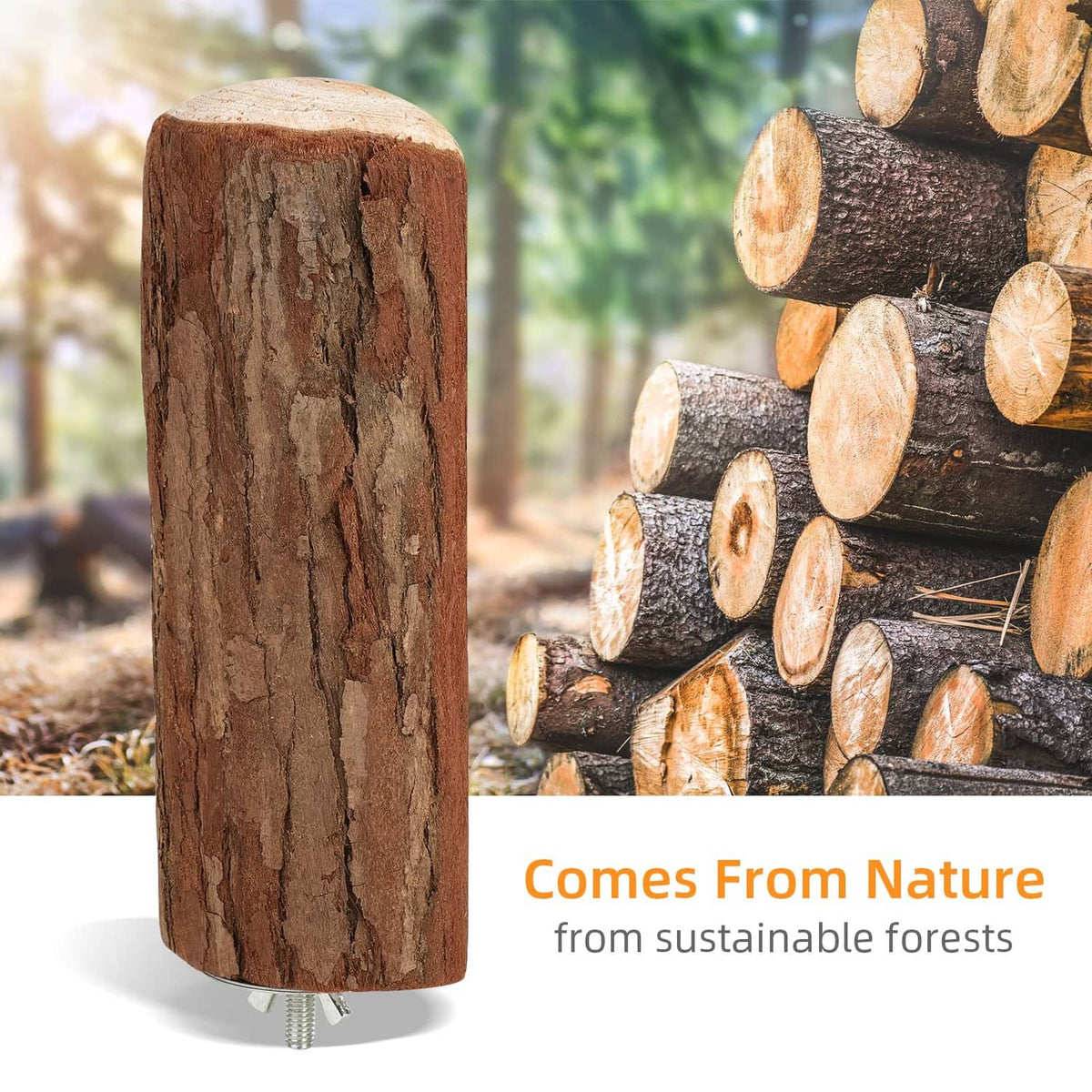 Single cut wooden bird perch piece with threaded mounting bolt