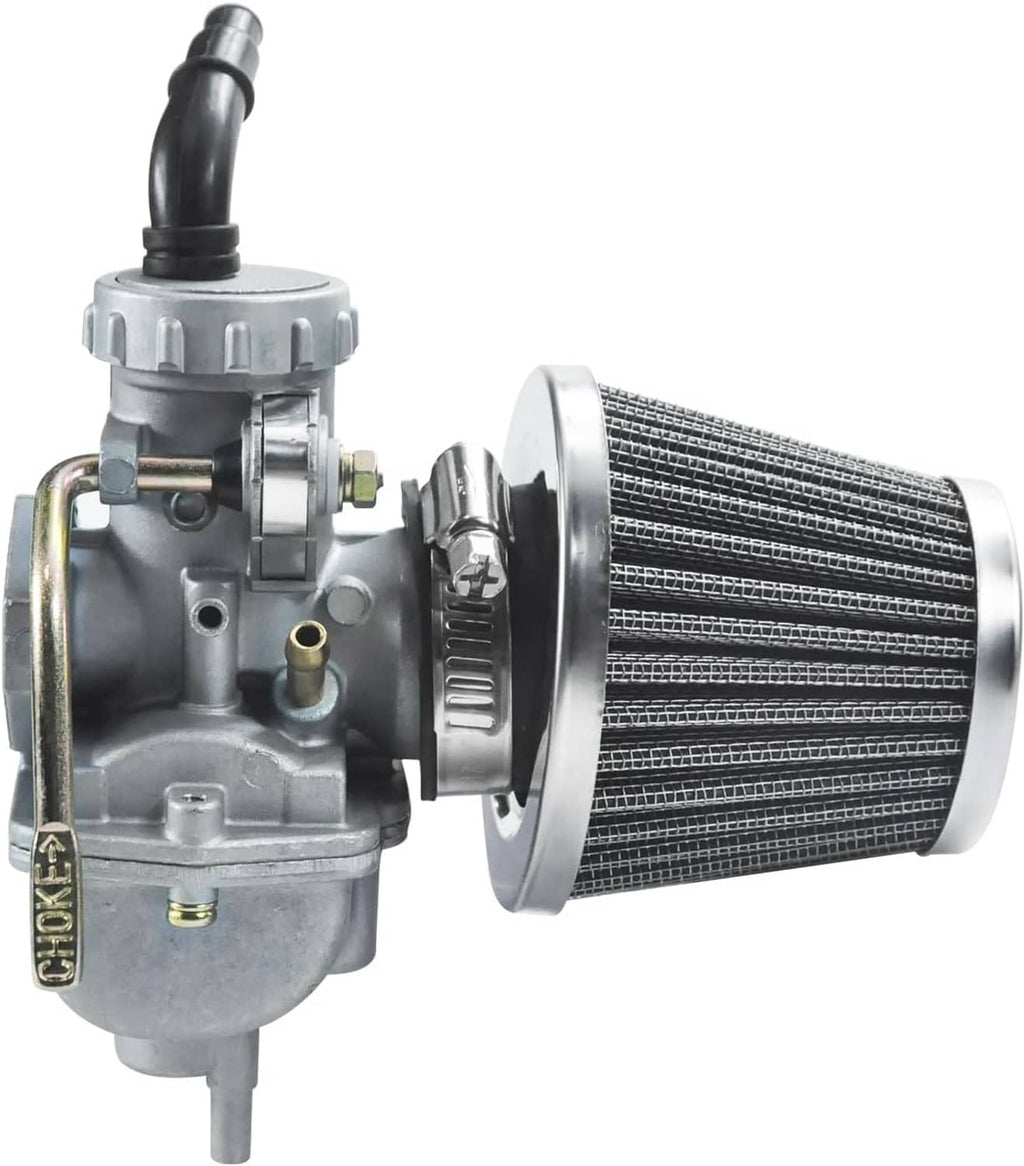 Carburetor with mounted cone air filter, silver metal body and black intake hose