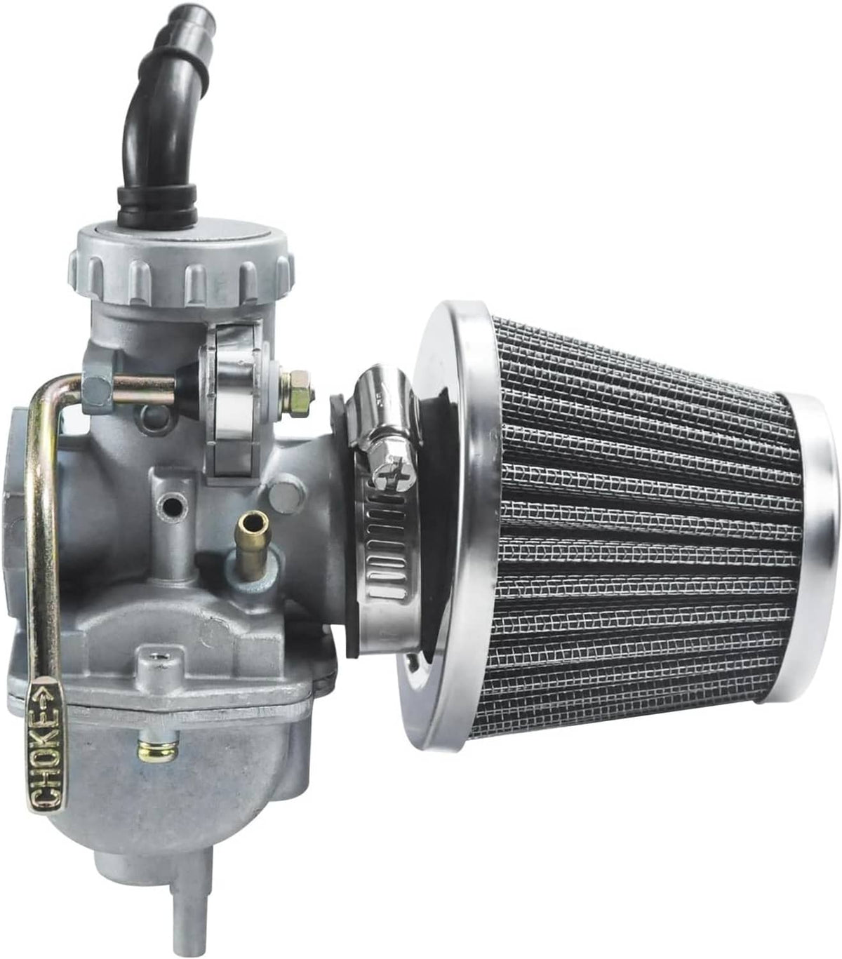 Carburetor with mounted cone air filter, silver metal body and black intake hose