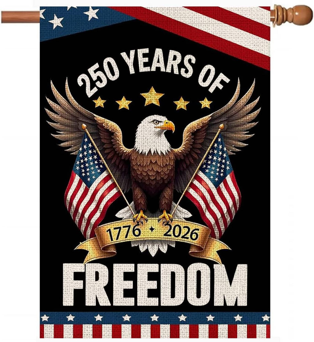 Patriotic garden flag with black background, eagle, “250 Years of Freedom” and USA stripes
