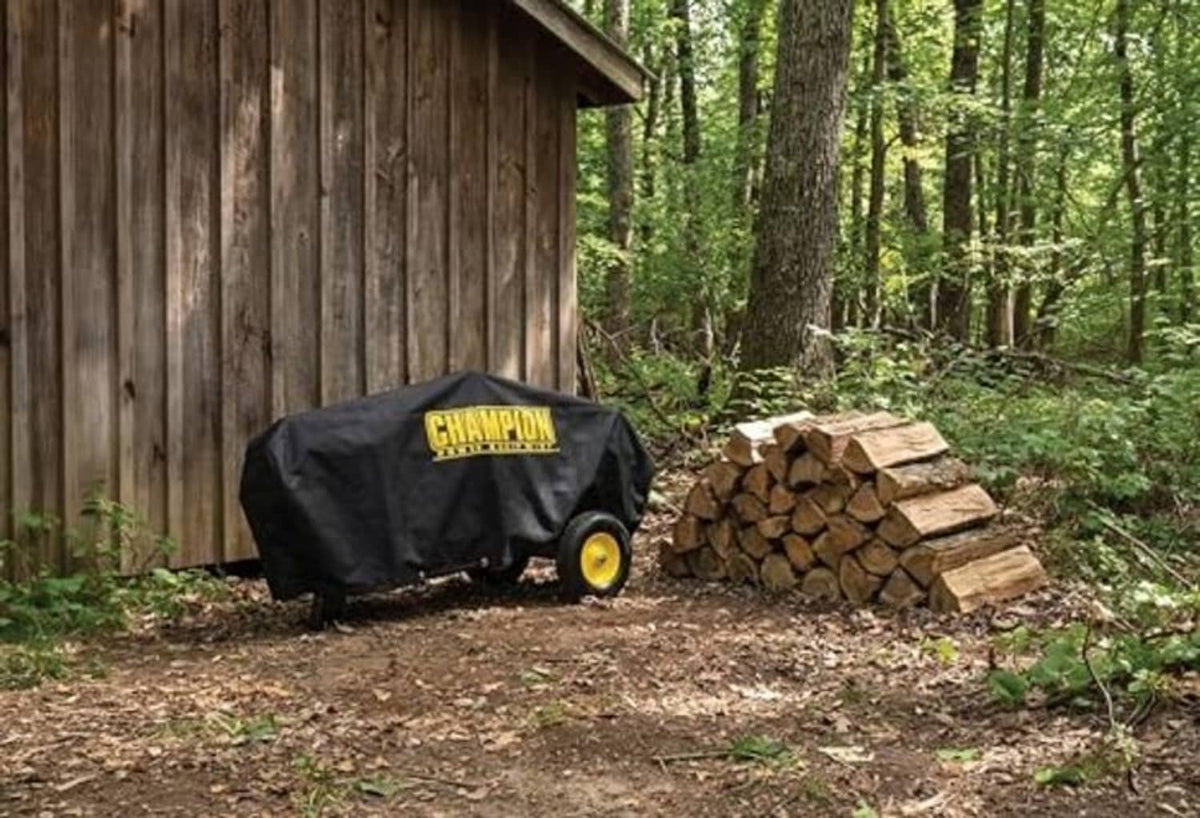 Champion weather-resistant log splitter cover, black fabric with yellow logo and wheel