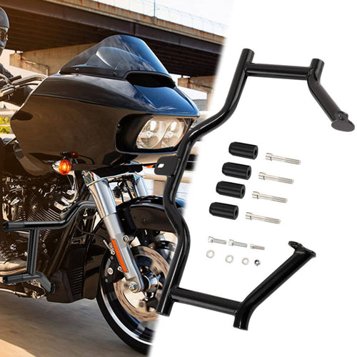 Black front engine guard crash bar with installed look and included mounting parts