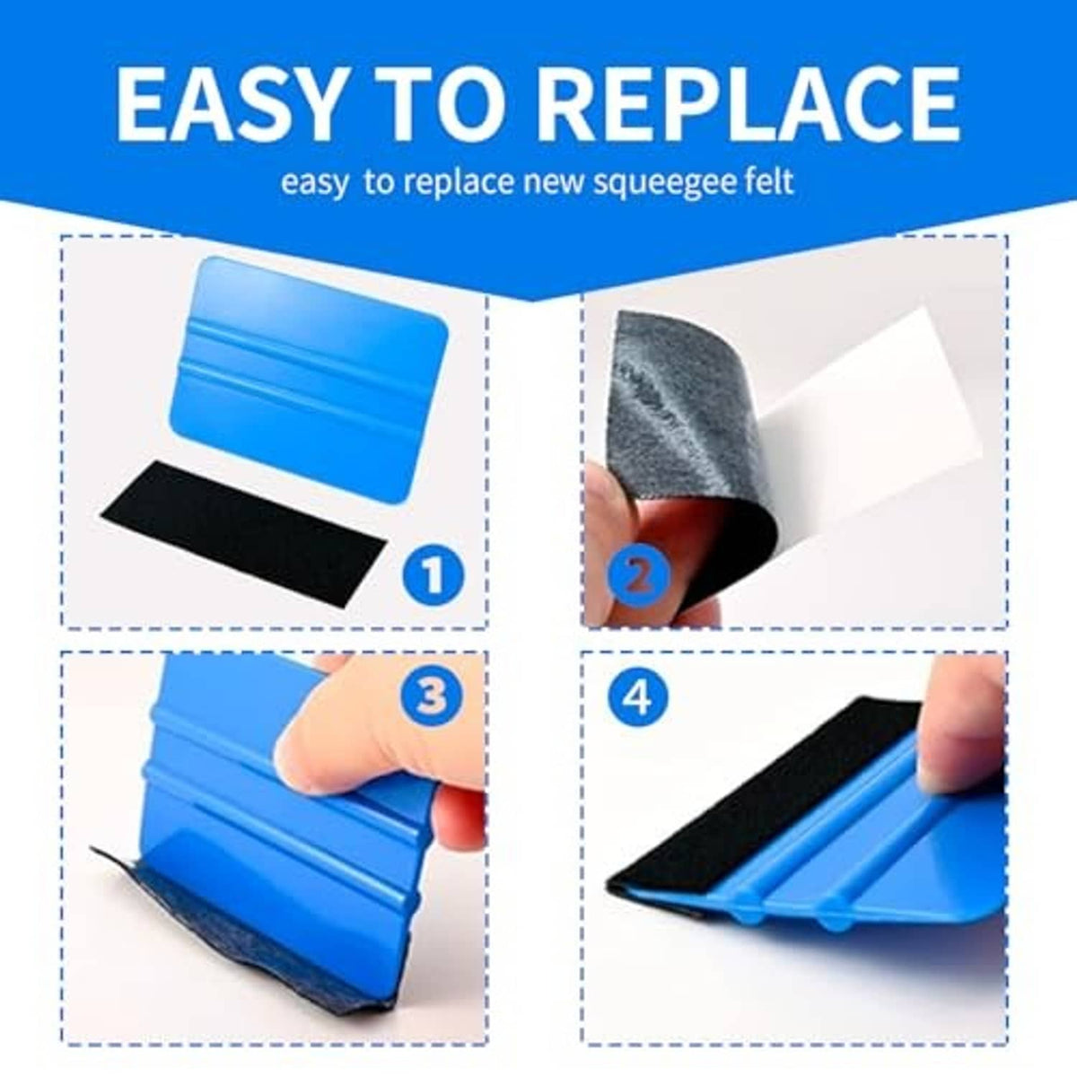 Vinyl wrap squeegee felt replacement view, blue handle with black felt pad detail