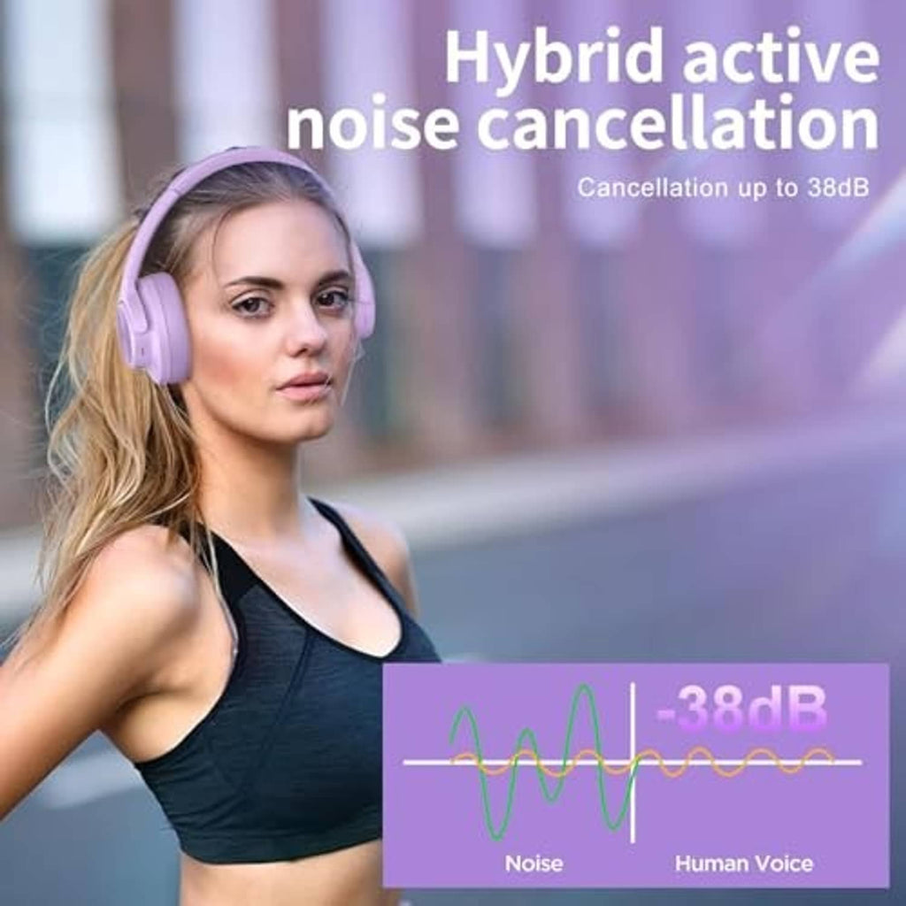 Purple over-ear wireless headphones on woman with cushioned earcups