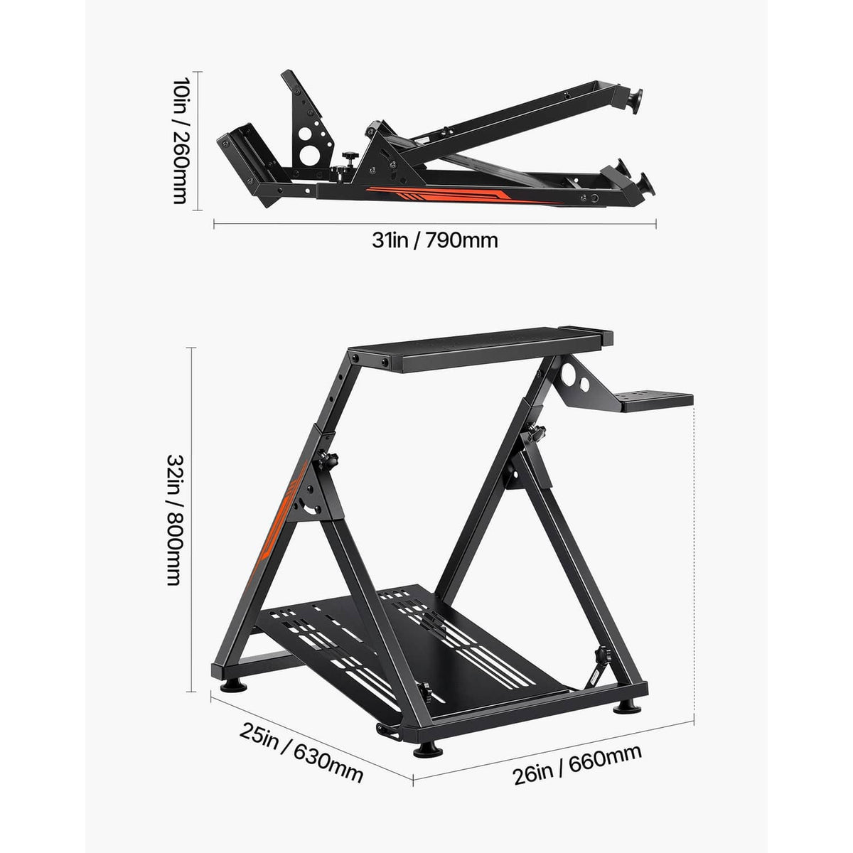 Foldable racing steering wheel stand, black steel frame with adjustable mounting arms