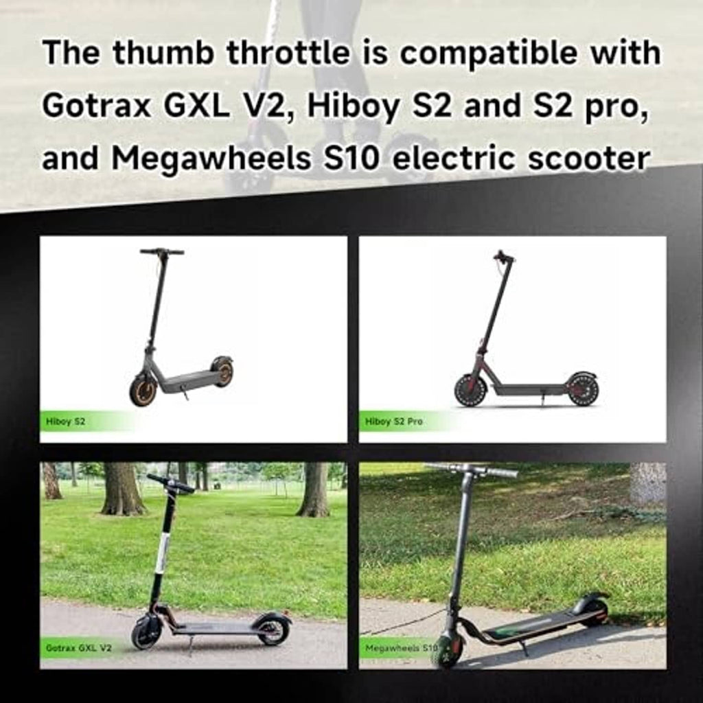 Black thumb throttle shown with cable and connector on an electric scooter