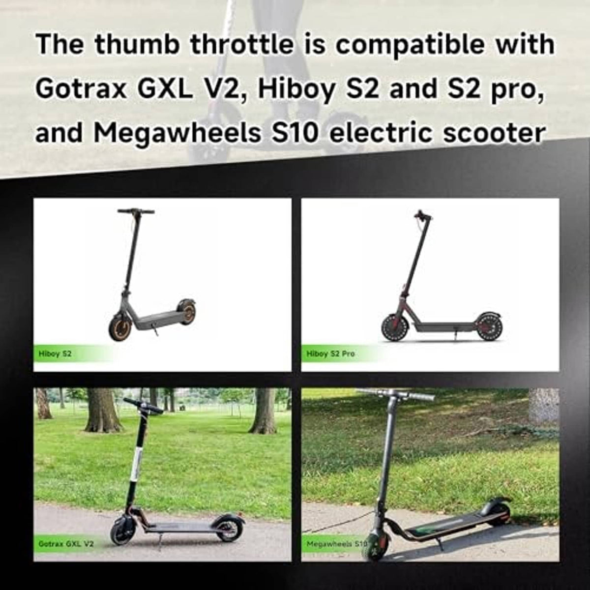 Black thumb throttle shown with cable and connector on an electric scooter