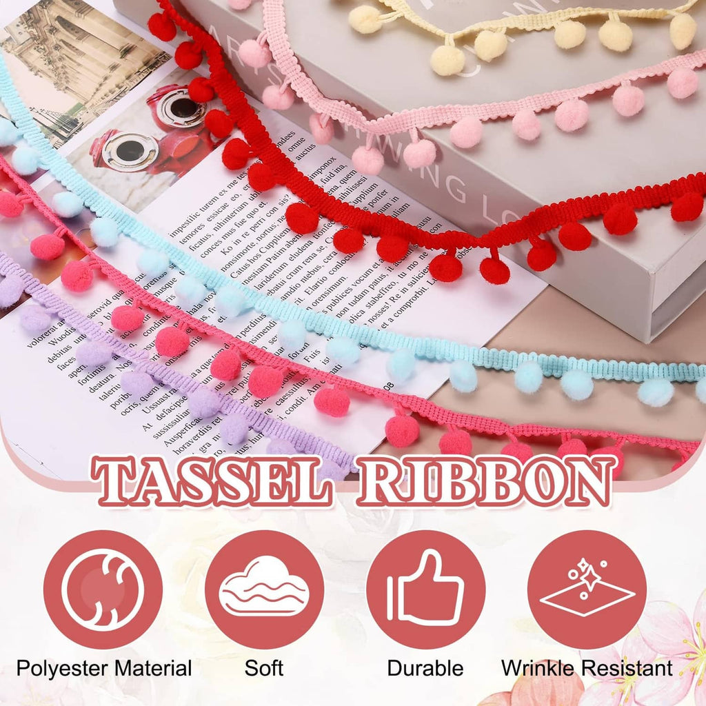 Multi-color pom ball fringe trim ribbons with small round pom tassels