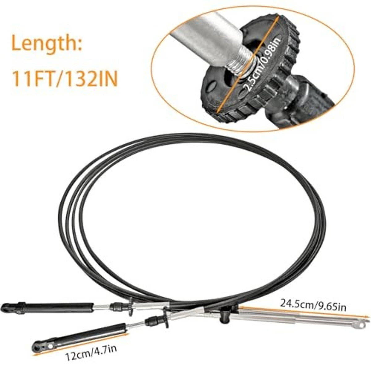 Throttle and shift remote control cable set, 11 ft black wire with silver rods