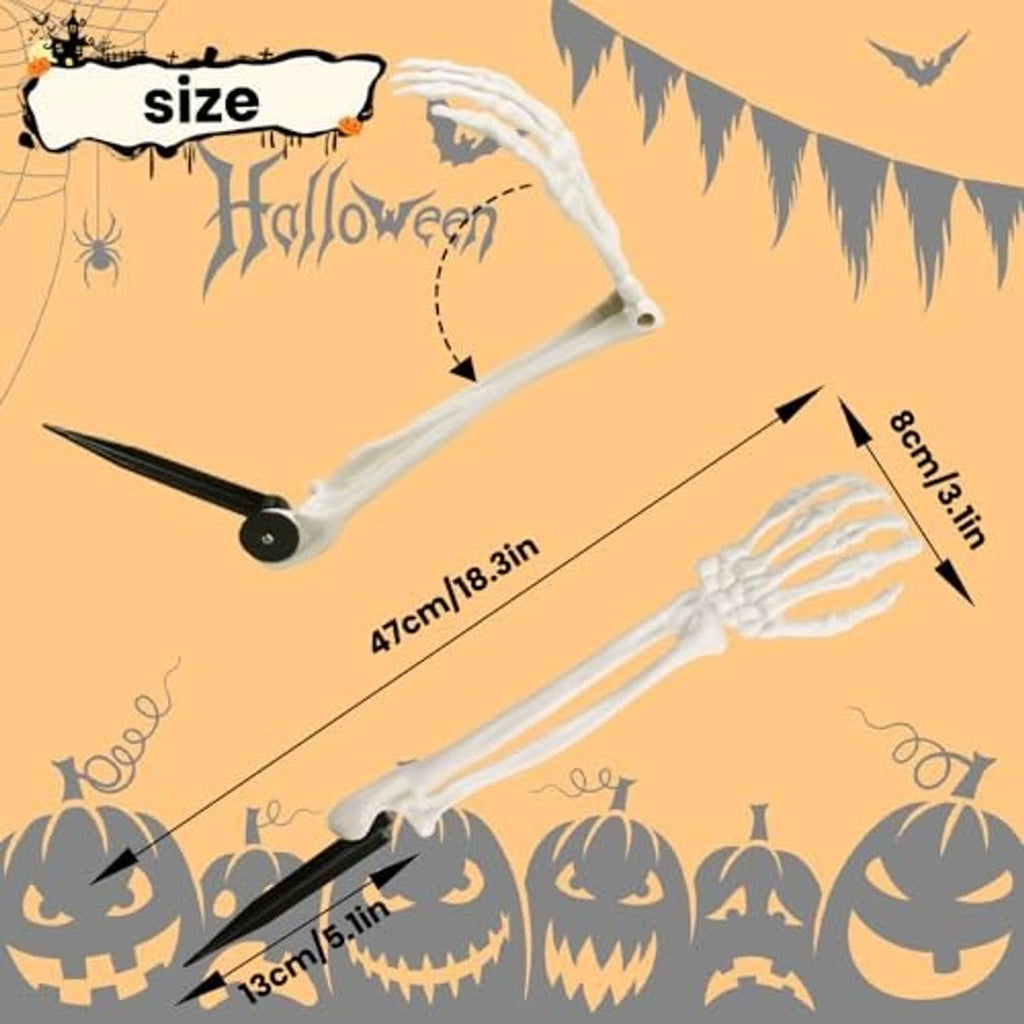 White skeleton stake decorations with illustrated size and length measurements